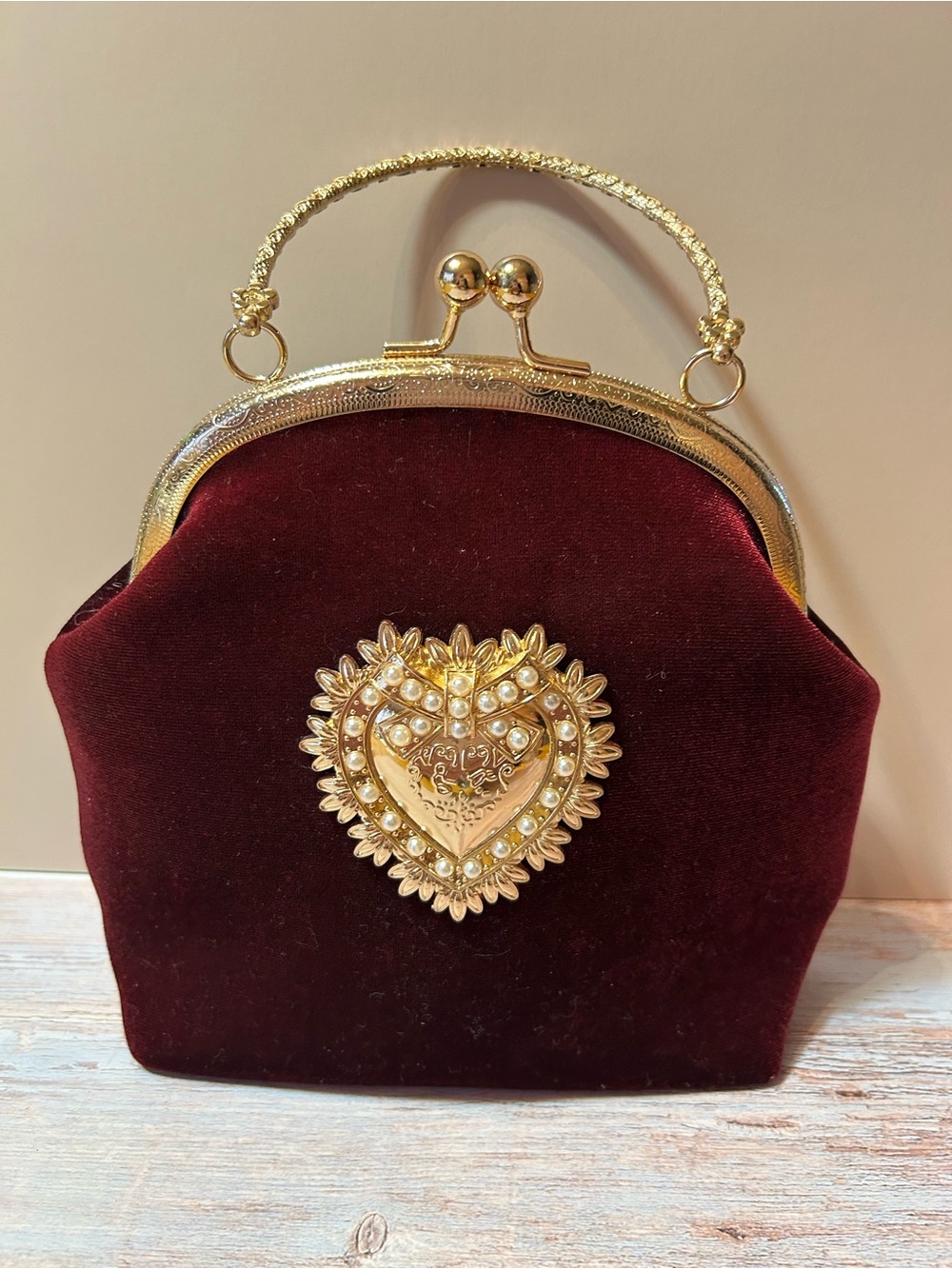 Gold Trim Burgundy Velvet Heart-Embellished Top-Handle Bag